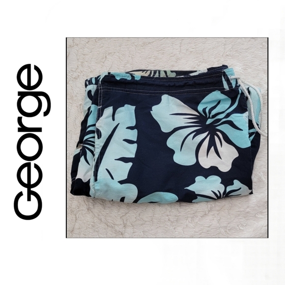 ๐ฉณ George Surfer Shorts Navy Blue & Teal boardShorts Hibiscus print - Picture 1 of 8